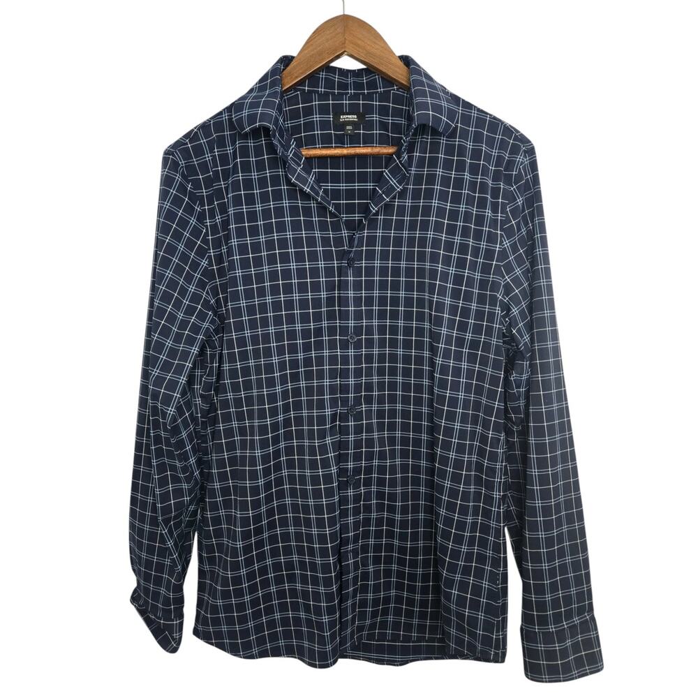 Express Men’s Slim Performance Grid Check Shirt Navy Blue – Size M